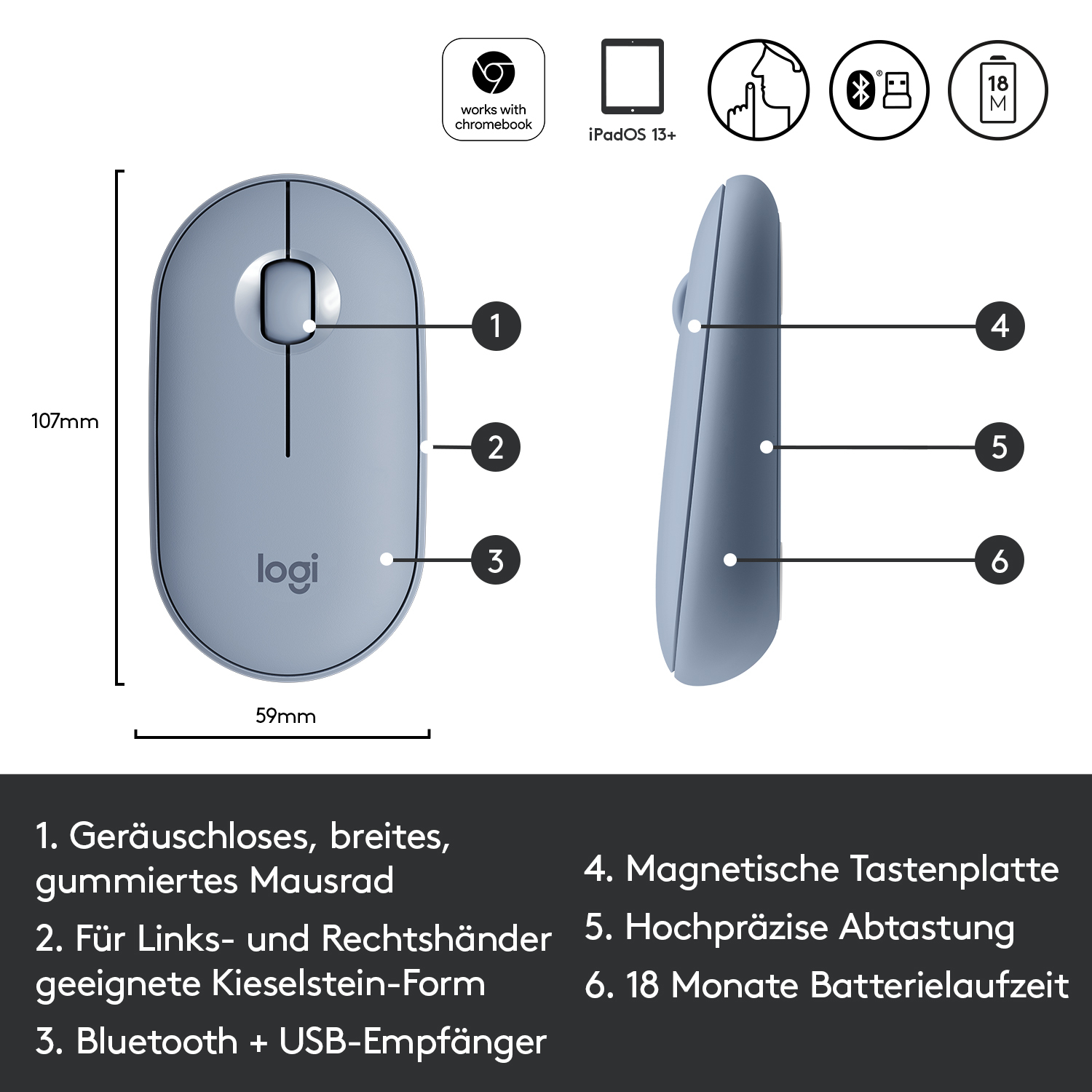 Logitech Pebble M350 - Maus - optisch - 3 Tasten - kabellos - Bluetooth, 2.4 GHz - kabelloser Empfän