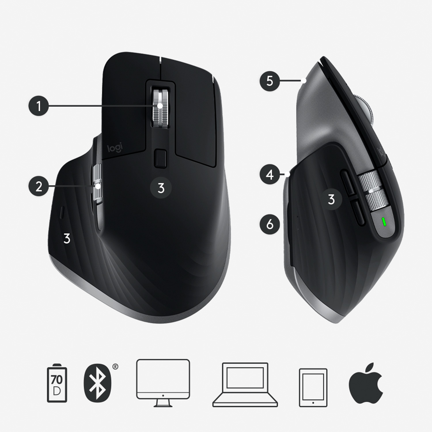 Logitech MX Master 3 for Mac - Maus - Laser - 7 Tasten - kabellos - Bluetooth, 2.4 GHz - kabelloser