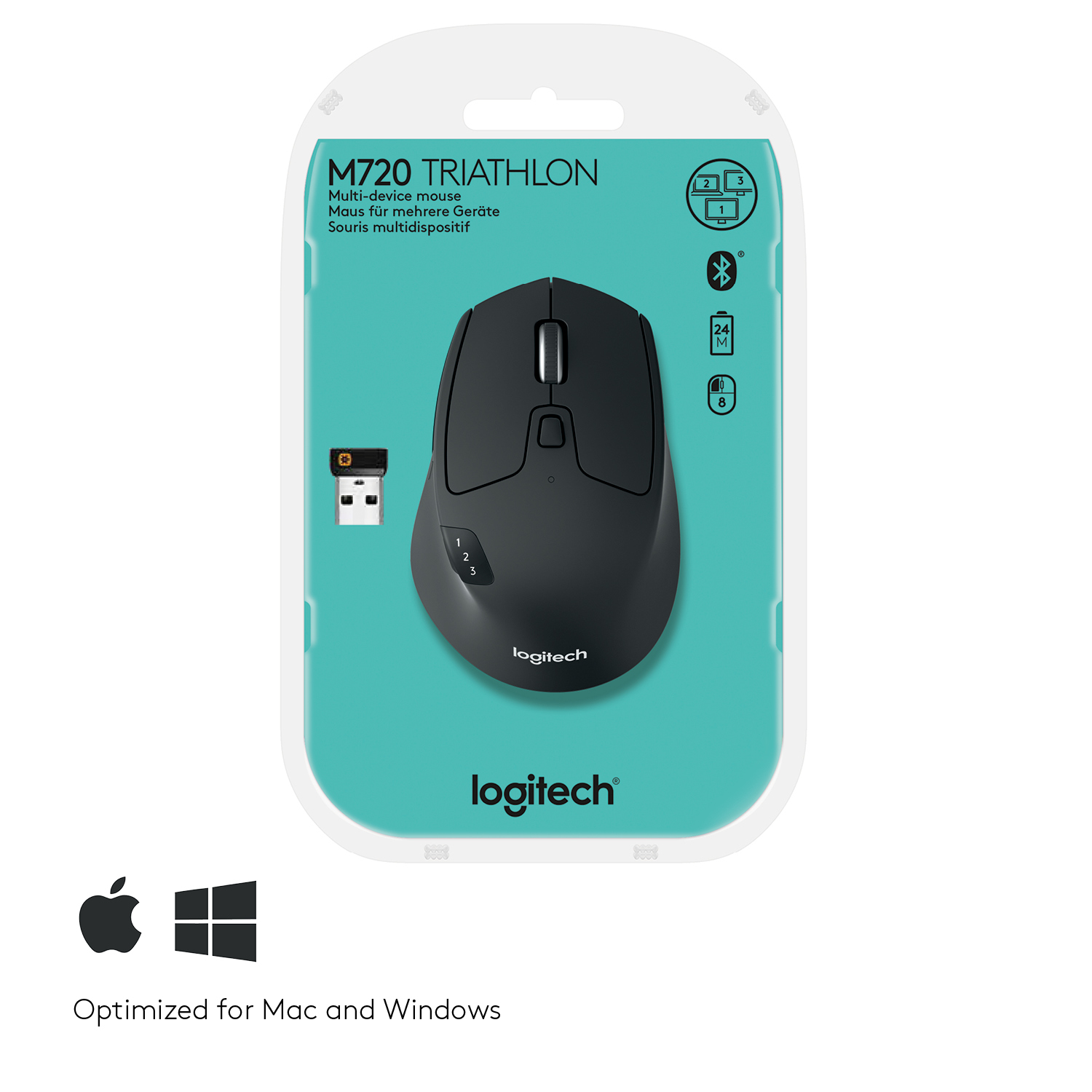 Logitech M720 Triathlon - Maus - Für Rechtshänder - optisch - 7 Tasten - kabellos - Bluetooth, 2.4 G