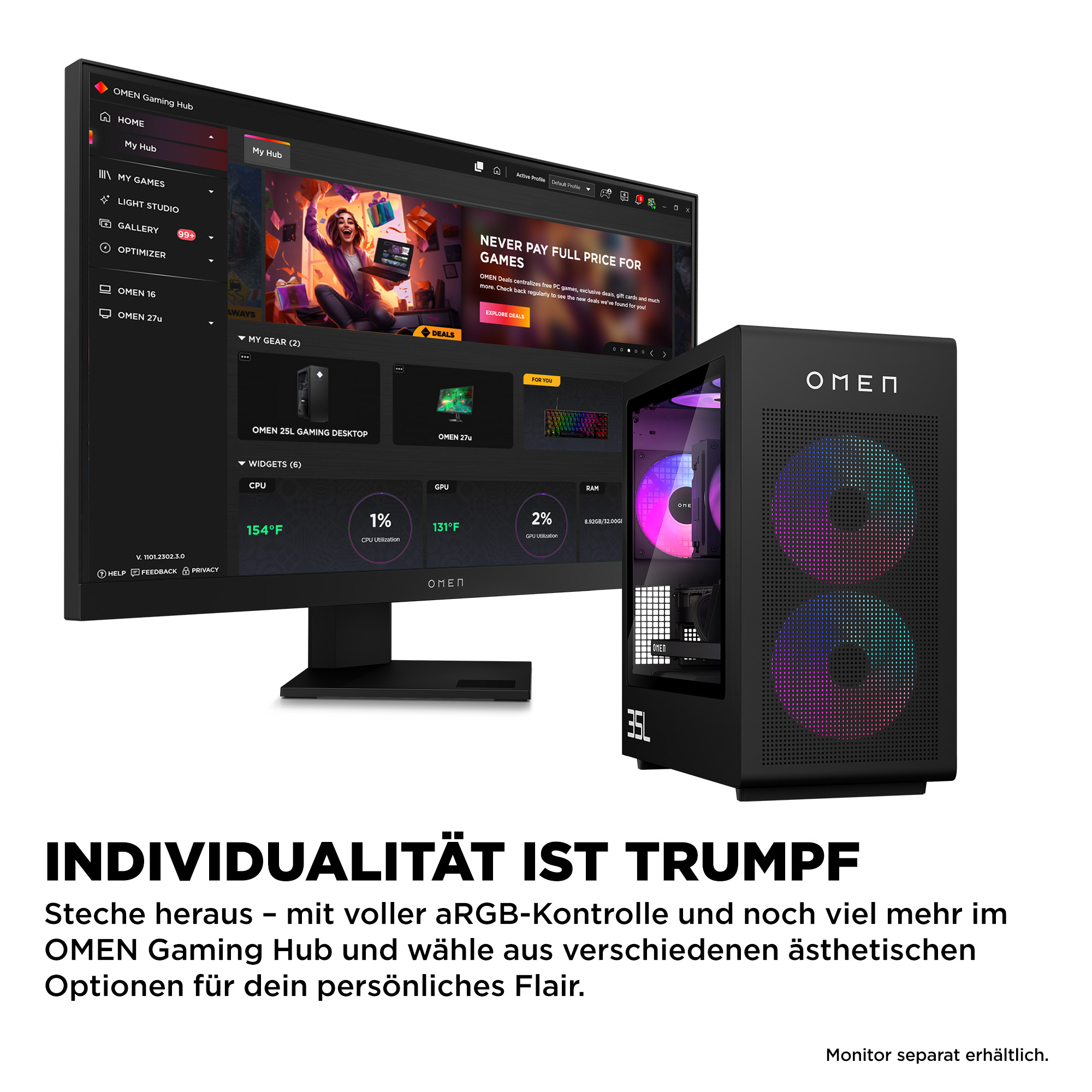 HP OMEN 35L GT16-1171ng, 4,7 GHz, AMD Ryzen? 7, 9800X3D, 32 GB, 2 TB, Windows 11 Home