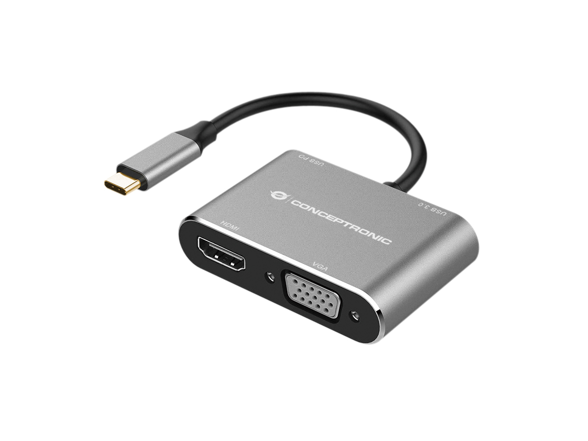 Conceptronic DONN16G 4-in-1 USB 3.2 Gen 1 Dockingstation, HDMI, VGA, USB-A 3.0, 100W USB PD, Kabelge