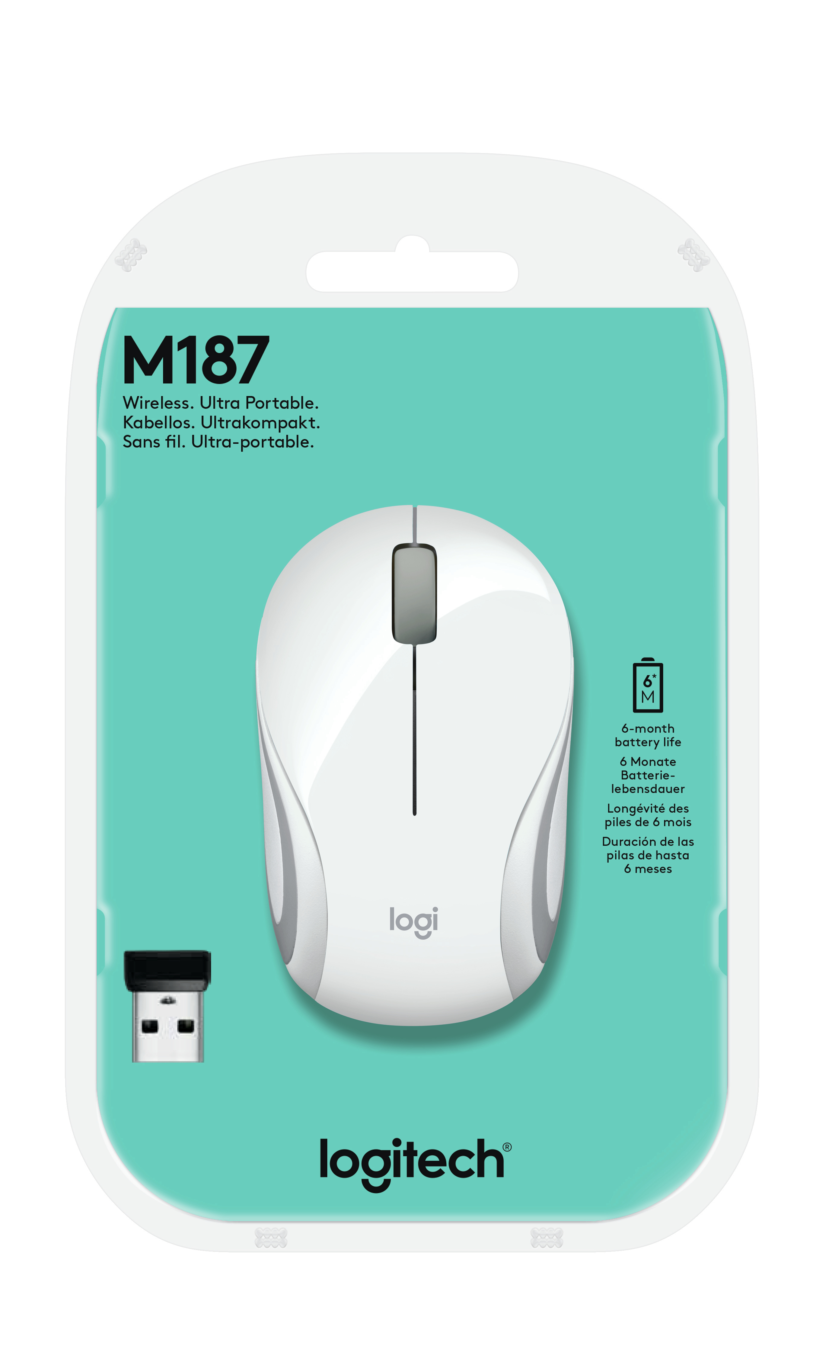 Logitech LGT-M187W, Beidhändig, Optisch, RF Wireless, 1000 DPI, Weiß