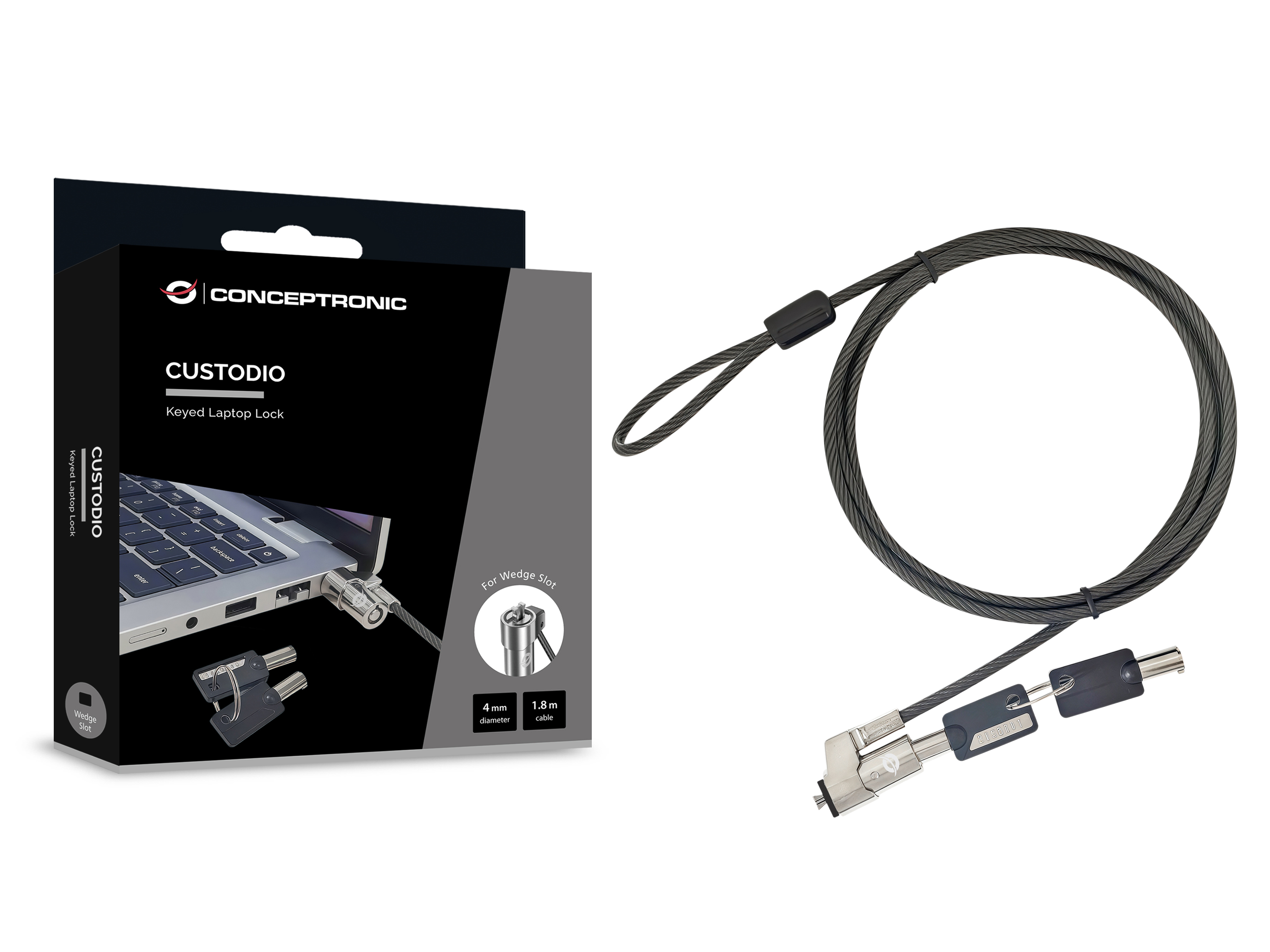 Conceptronic CUSTODIO02BWM Laptop-Schloss mit Schlüssel, Wedge-Slot, Master-Key-kompatibel, 1,8 m, 1