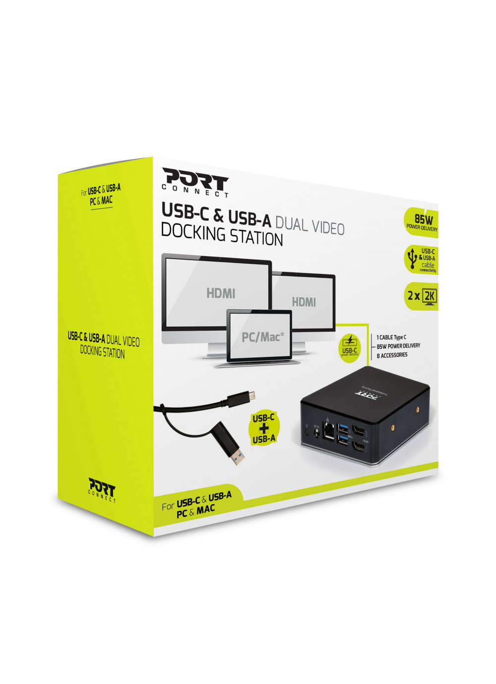 PORT Designs 901908-UK, Kabelgebunden, USB 3.2 Gen 1 (3.1 Gen 1) Type-C, Schwarz, 5 Gbit/s, 1920 x 1
