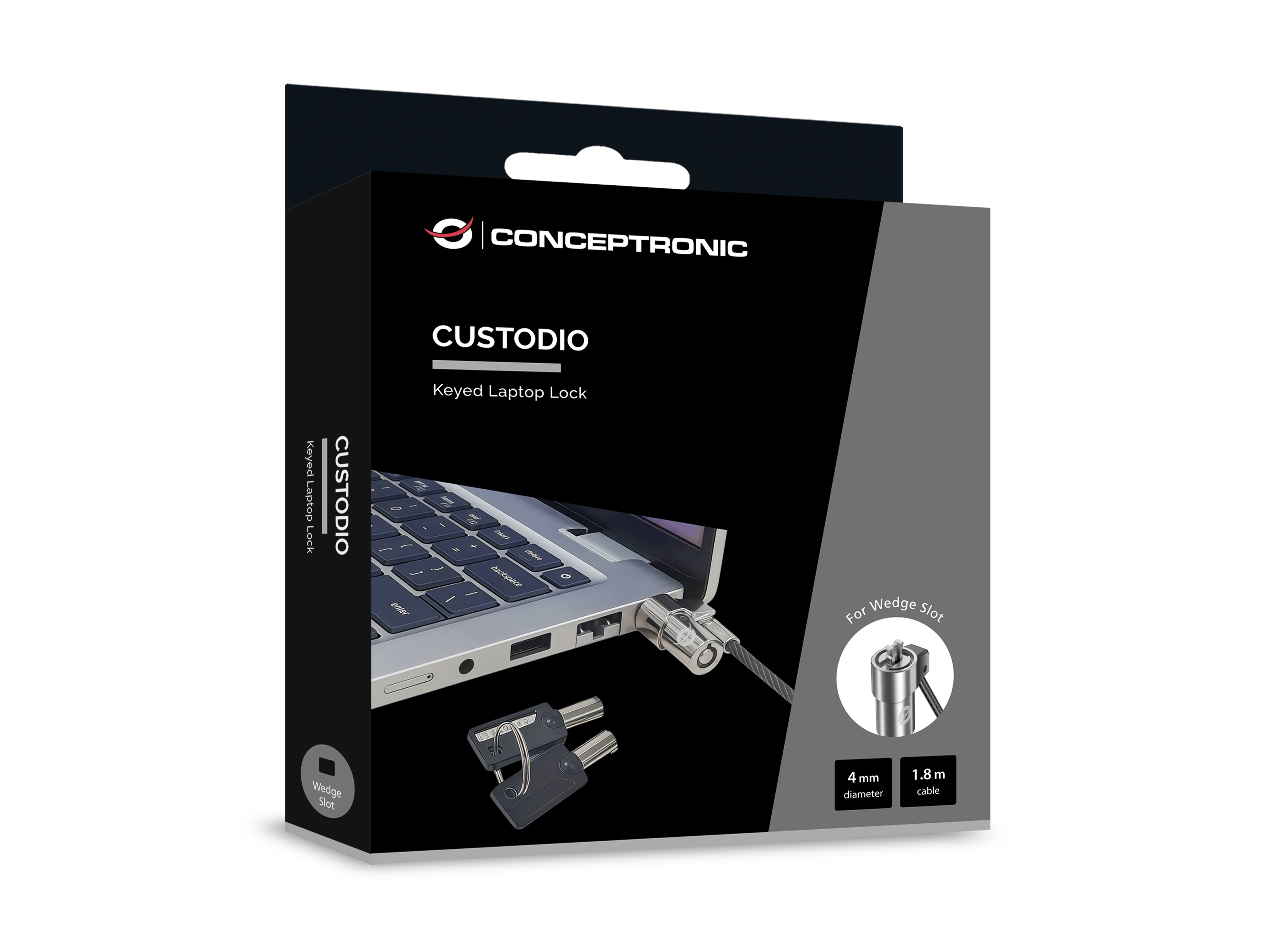 Conceptronic CUSTODIO02BWM Laptop-Schloss mit Schlüssel, Wedge-Slot, Master-Key-kompatibel, 1,8 m, 1