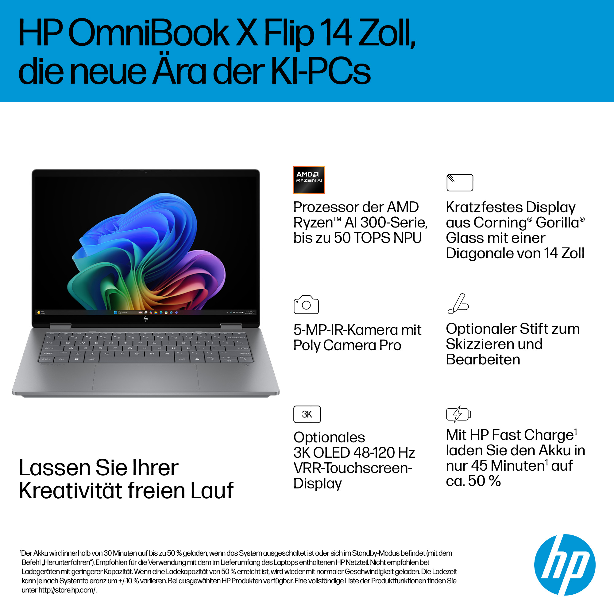 HP OmniBook X Flip Next Gen Laptop 14-fk0076ng - Flip-Design - AMD Ryzen AI 7 350 - Win 11 Home - Ra