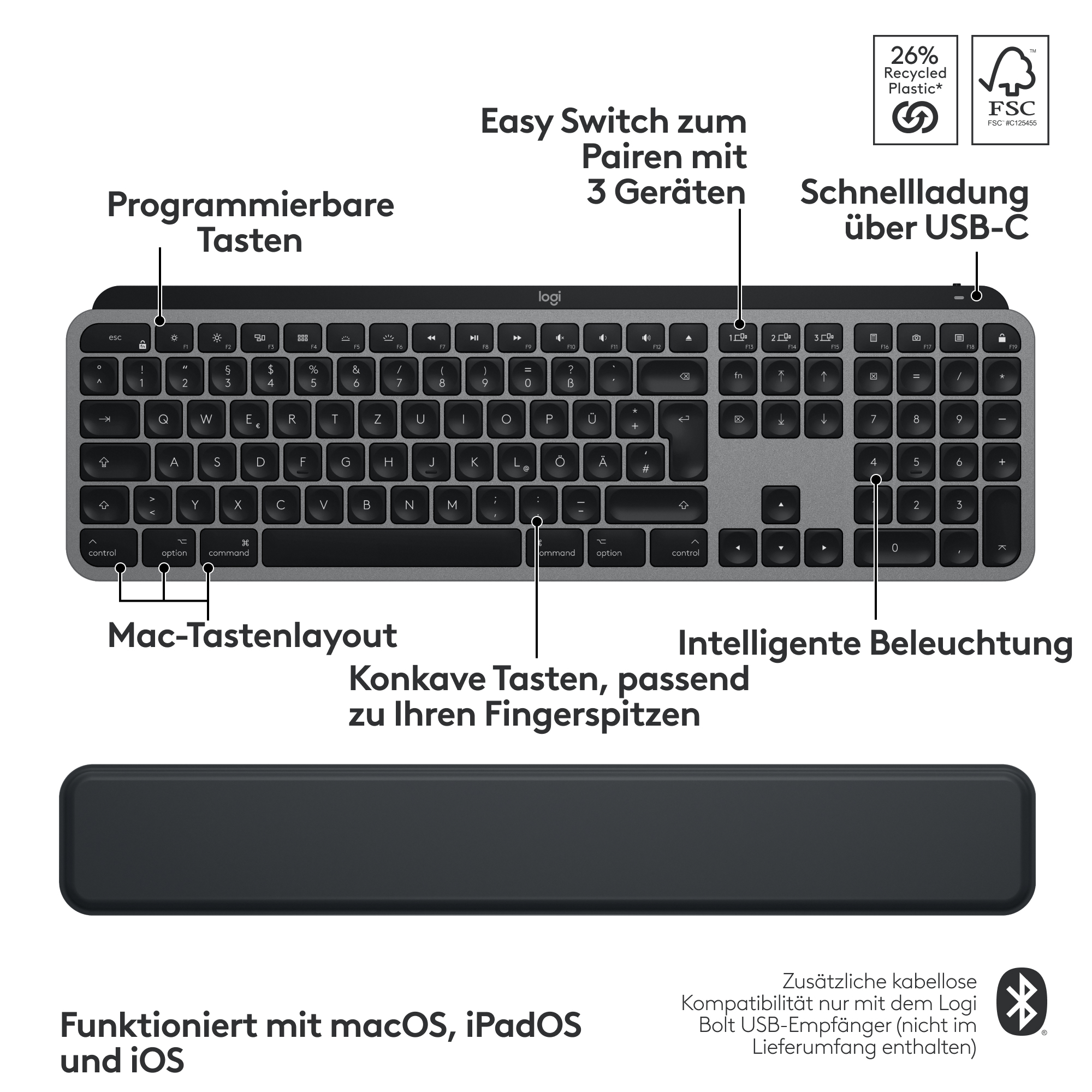 Logitech Keys S for Mac, Space Gray, schwarz/grau, LEDs weiß, Logi Bolt, USB/Bluetooth, DE