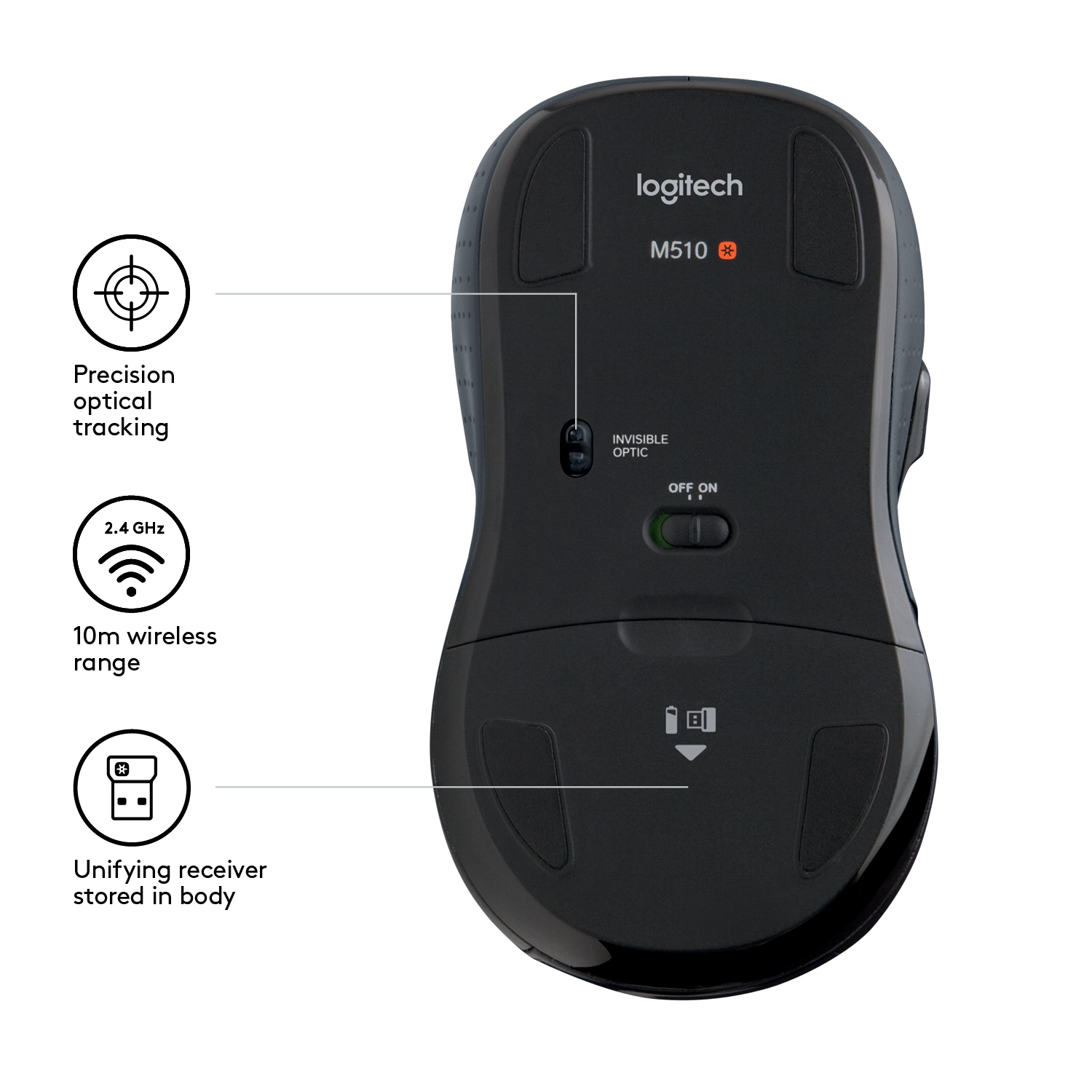 Logitech M510 - Maus - Für Rechtshänder - Laser - 5 Tasten - kabellos - 2.4 GHz - kabelloser Empfäng