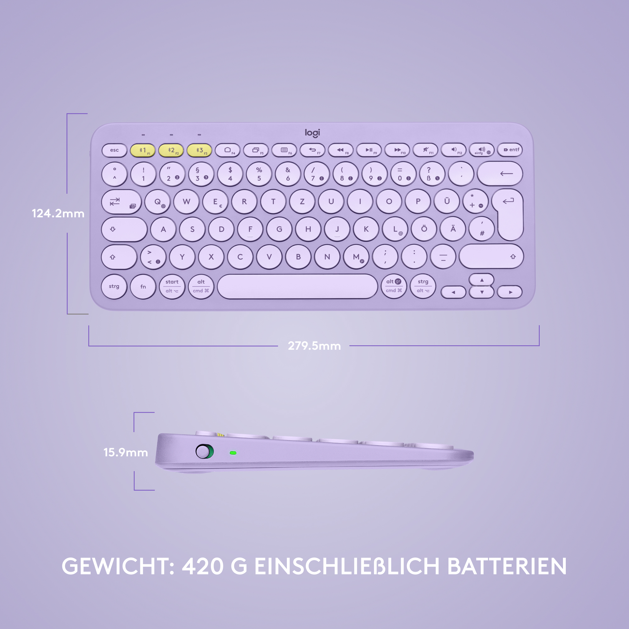 Logitech K380, Mini, Kabellos, Bluetooth, QWERTZ, Lavendel