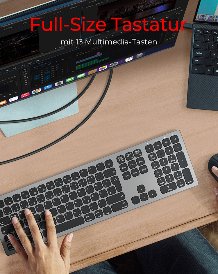KeySonic KSK-8023BTRF (DE), Full-Size Aluminium Tastatur, Bluetooth® & RF, für Windows® und macOS®, 