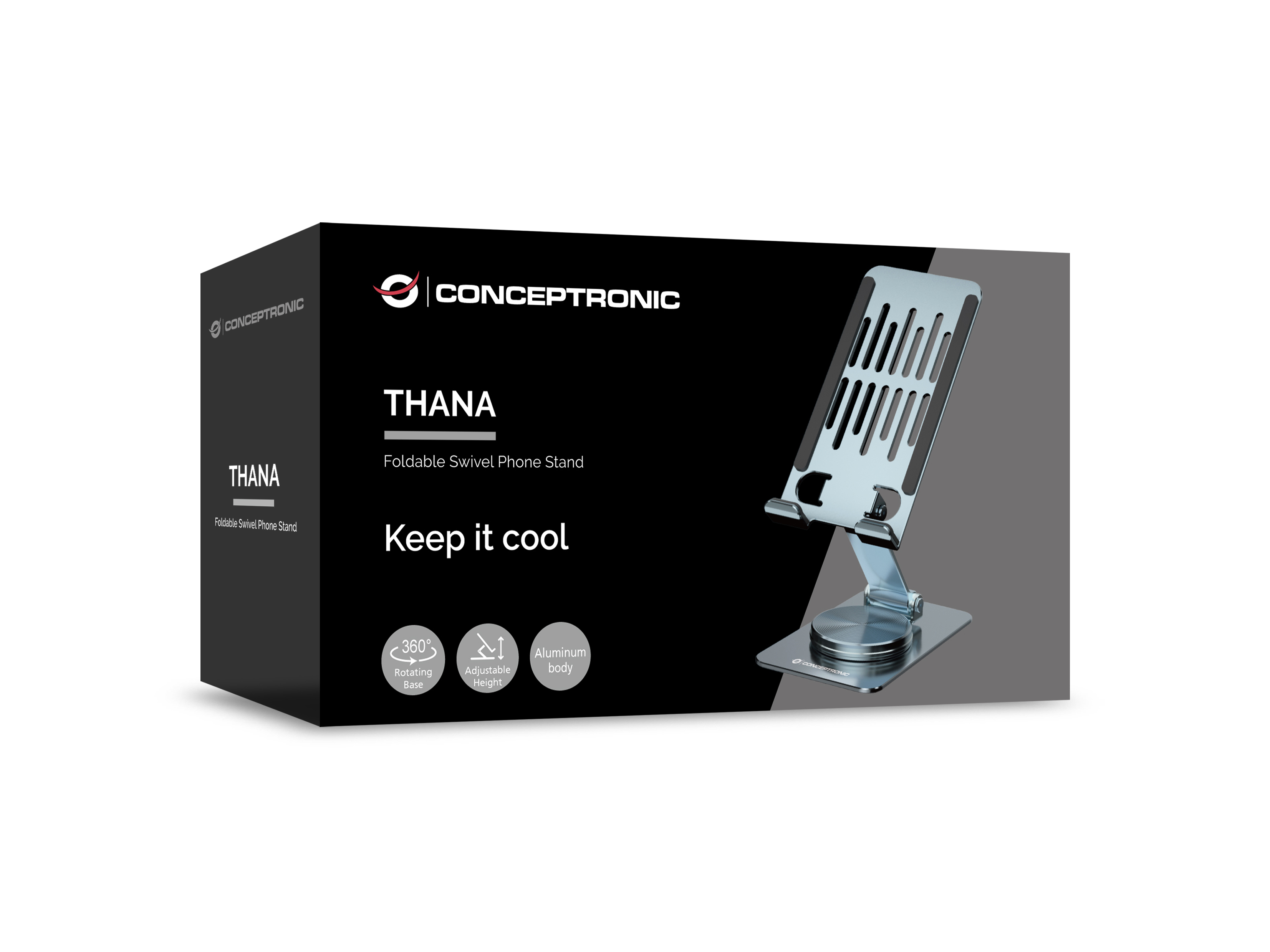 Conceptronic THANA08G Faltbarer und drehbarer Handyhalter, 360° drehbare Basis, höhenverstellbar, Ha