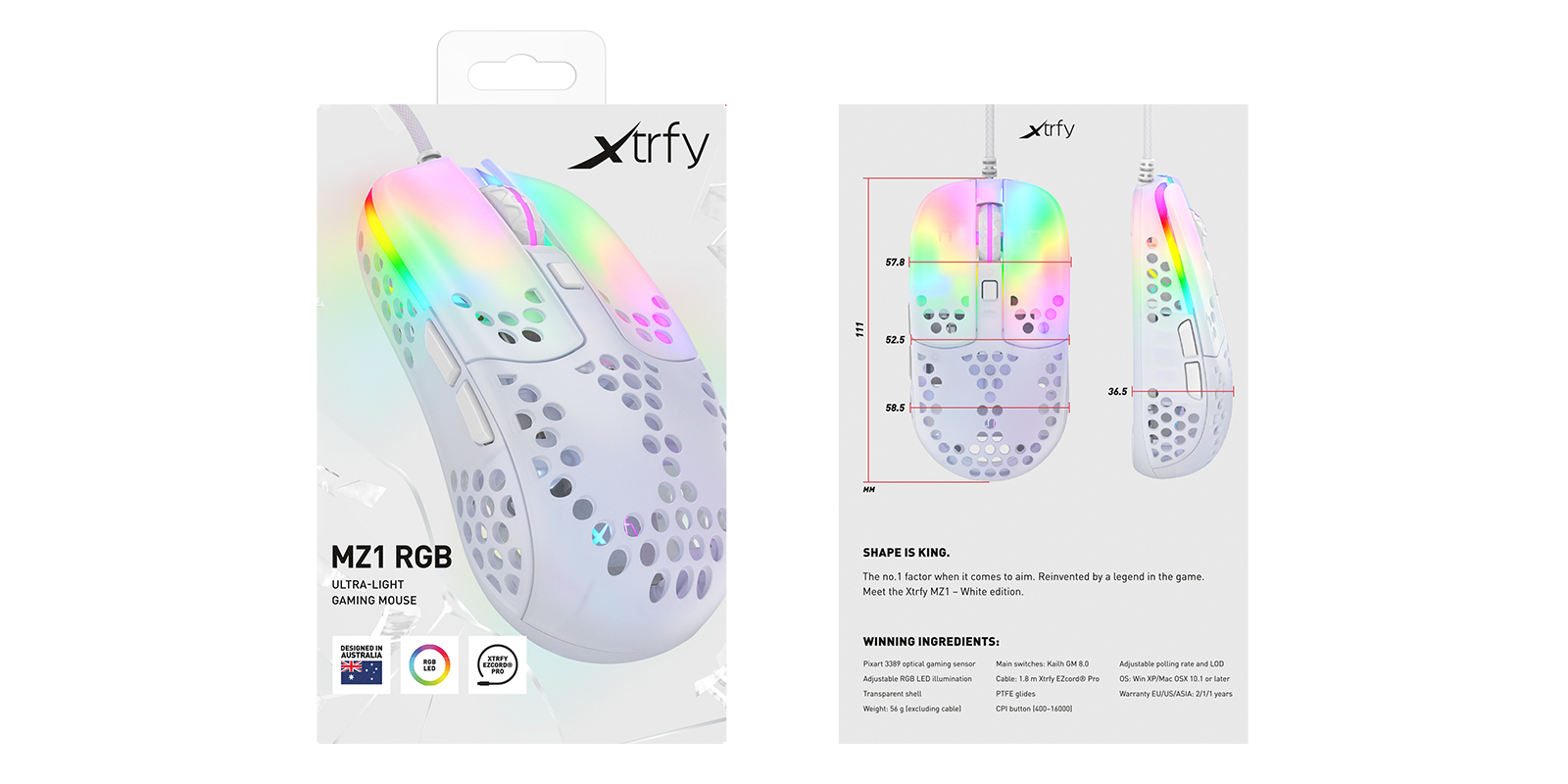 Xtrfy CHERRY XTRFY MZ1, Beidhändig, Optisch, USB Typ-A, 16000 DPI, Weiß