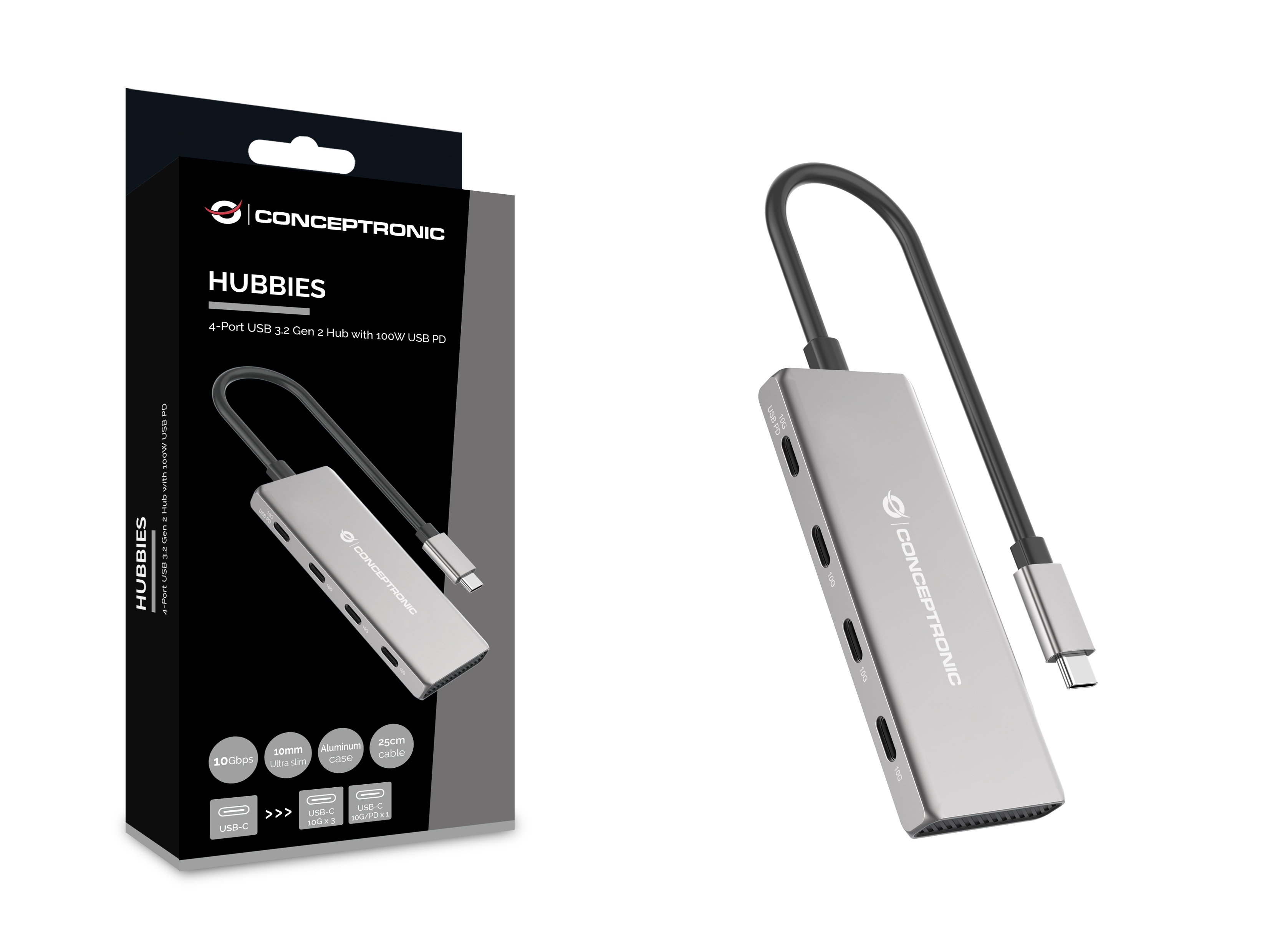 Conceptronic HUBBIES16G, USB 3.2 Gen 2 (3.1 Gen 2) Type-C, USB 3.2 Gen 2 (3.1 Gen 2) Type-C, 10000 M