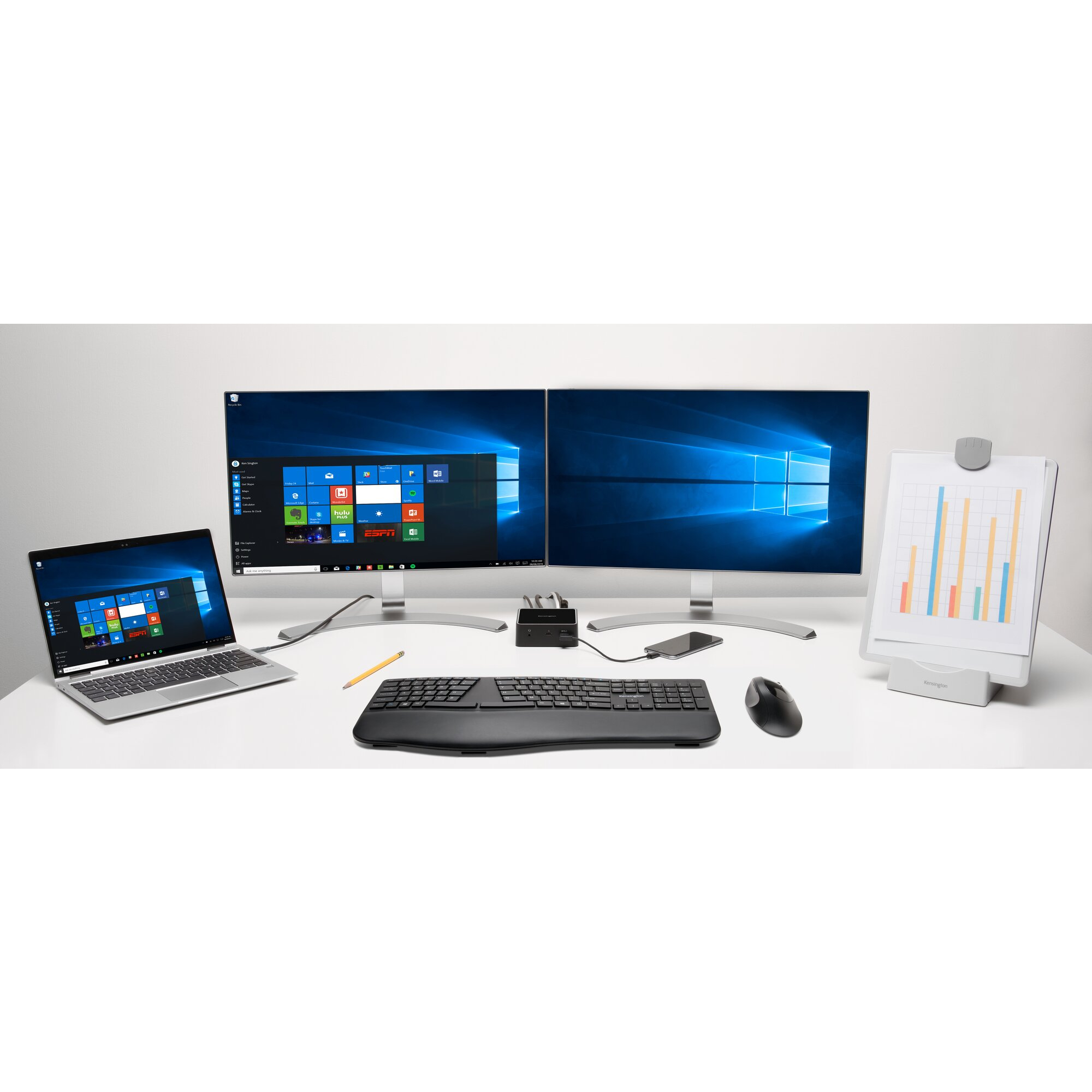 Kensington Pro Fit Ergo Wireless Mouse - Maus - ergonomisch - 5 Tasten - kabellos - 2.4 GHz, Bluetoo