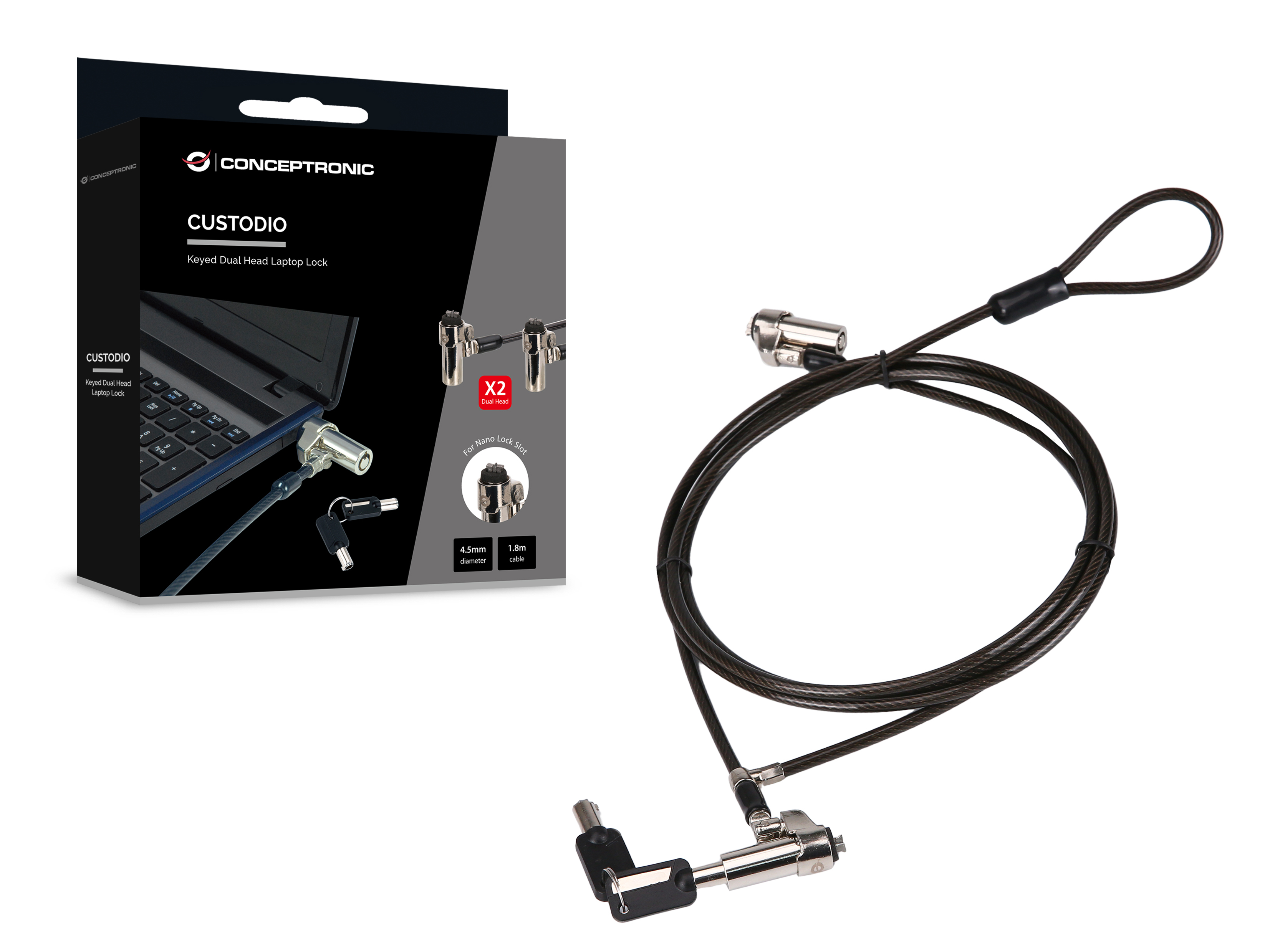 Conceptronic CUSTODIO02BNTM Dual-Head Laptop-Schloss mit Schlüssel, Nano-Sicherheitsslot, Master-Key