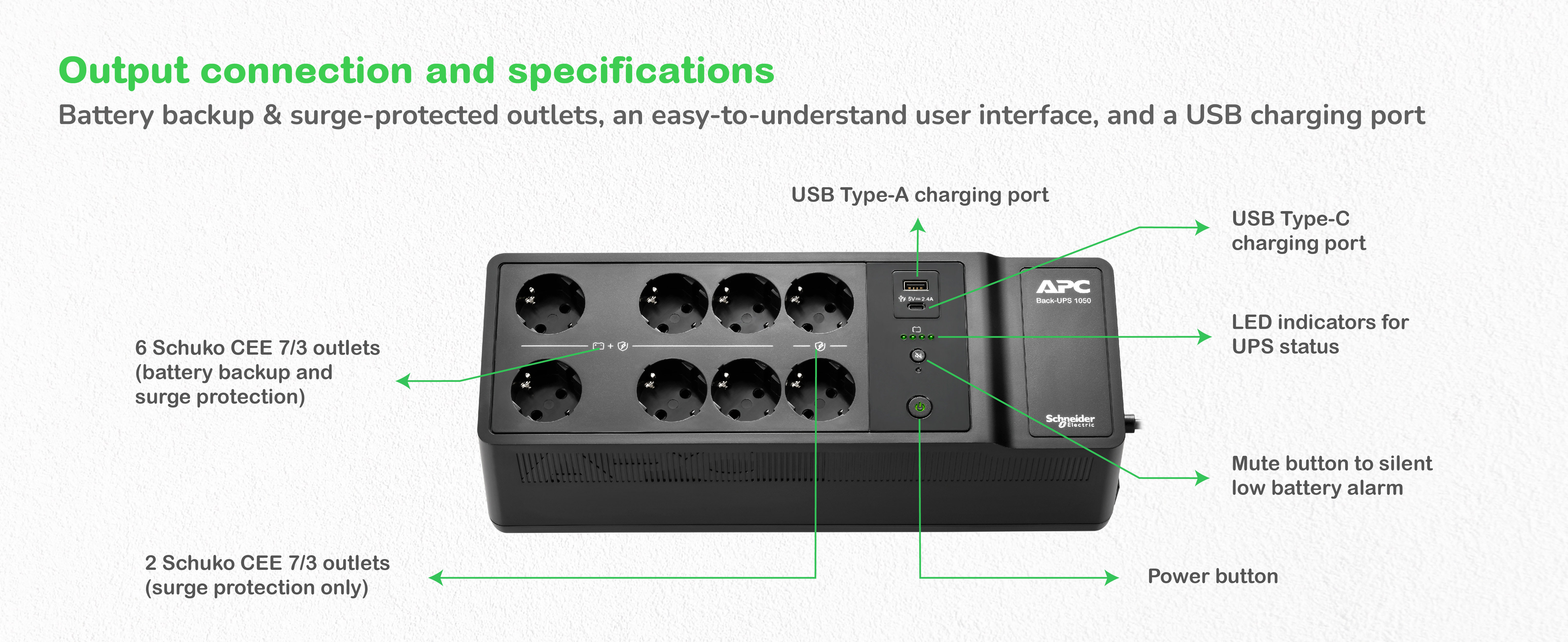 APC Back-UPS BE1050G2-GR, 1050VA, Steckdosenleiste, 8x Schuko, USB