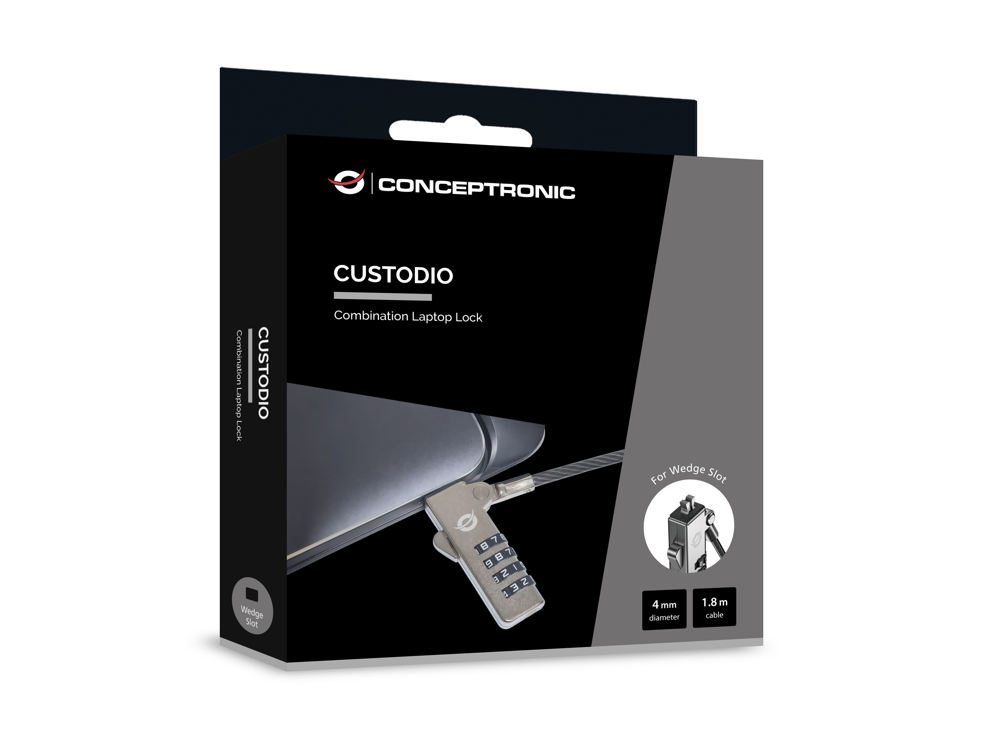 Conceptronic CUSTODIO01BW Laptop-Kombinationsschloss, Wedge-Slot, 1,8 m, 1,8 m, Keil, Zahlenschloss,