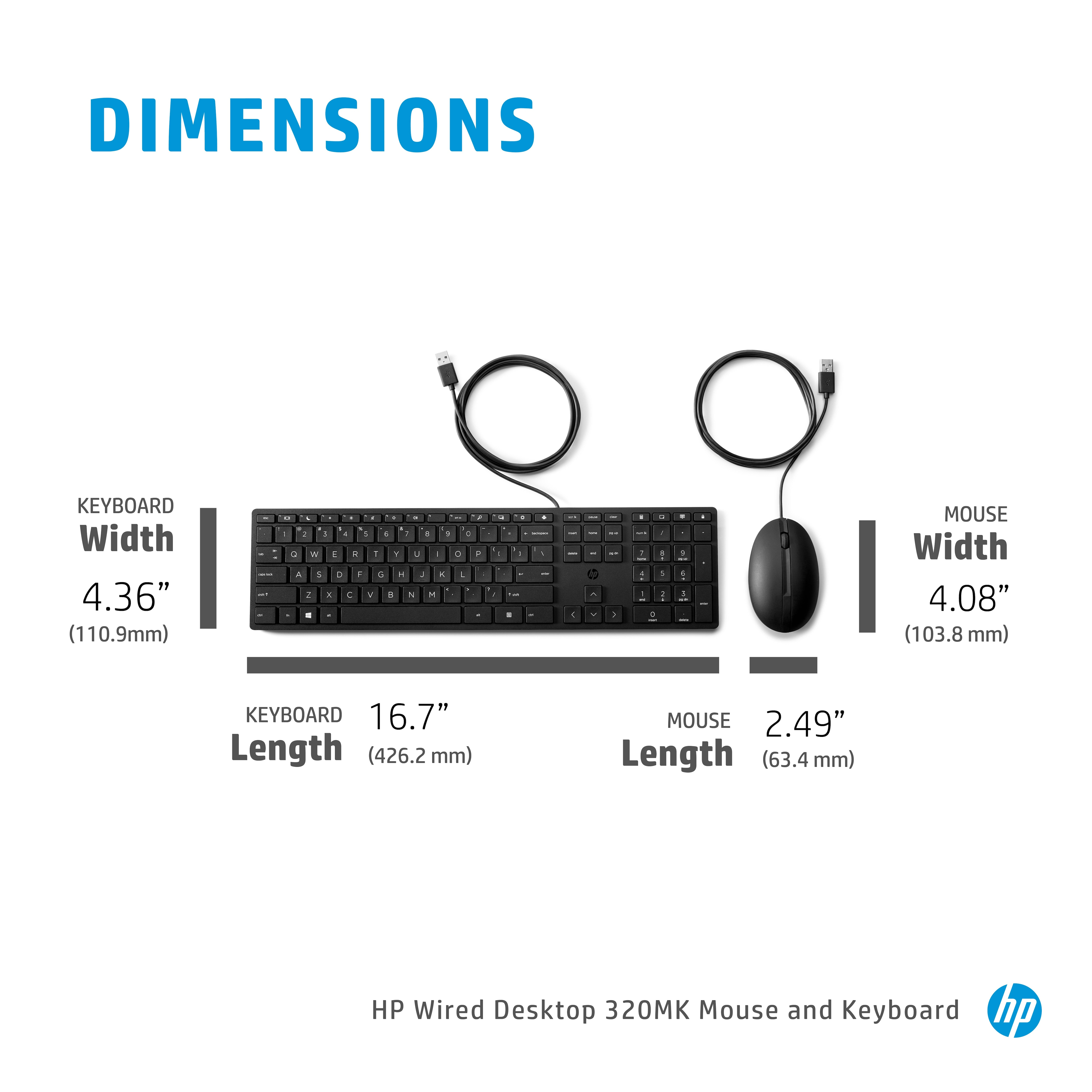 HP Wired Desktop 320MK Maus und Tastatur, Volle Größe (100%), Kabelgebunden, USB, Schwarz, Maus enth