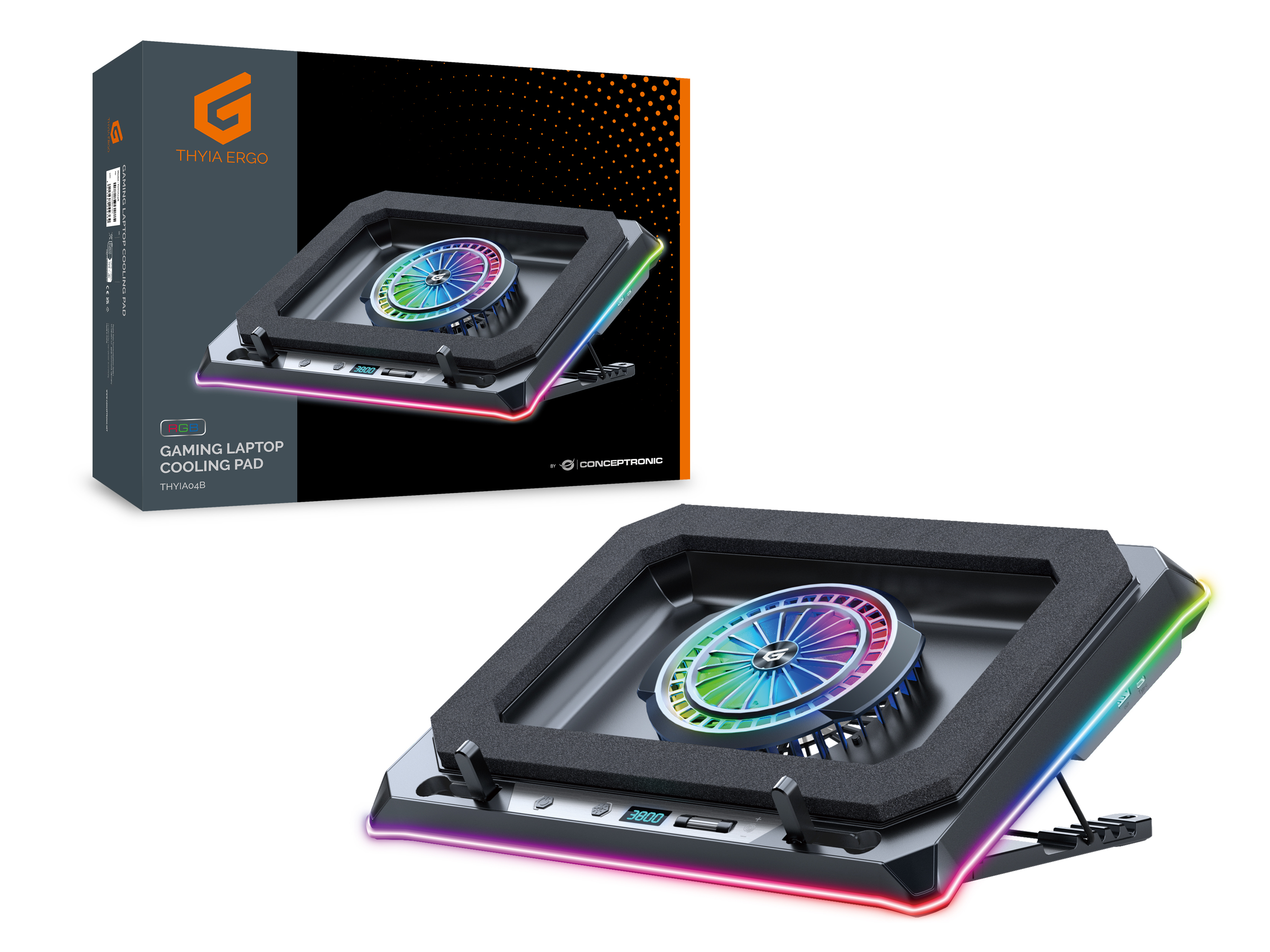 Conceptronic THYIA04B Gaming Laptop-Kühlpad mit RGB, versiegeltem Schaumdesign und Smartphone-Halter