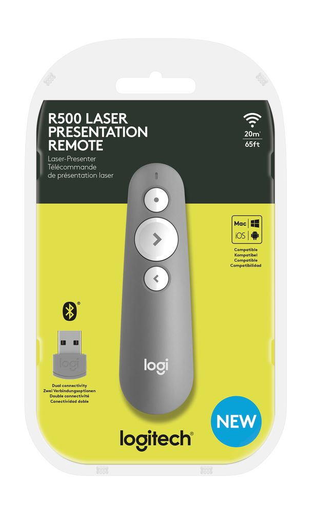 Logitech R500 Laser Presentation Remote, Bluetooth/RF, USB, 20 m, Grau