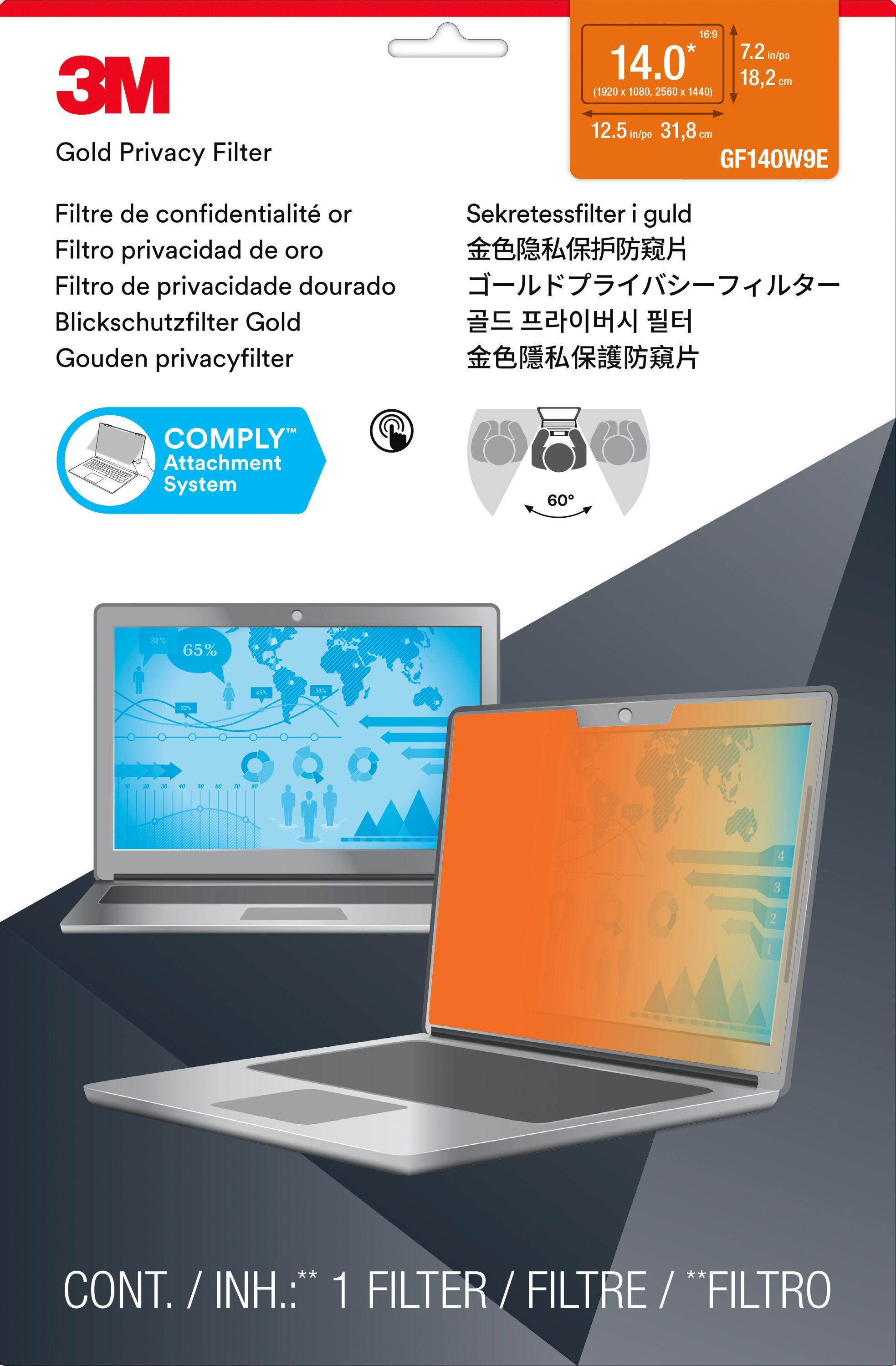 3M Blickschutzfilter Gold für Touch-Laptops mit 14,0" Vollbild, 35,6 cm (14"), 16:9, Laptop, Rahmenl
