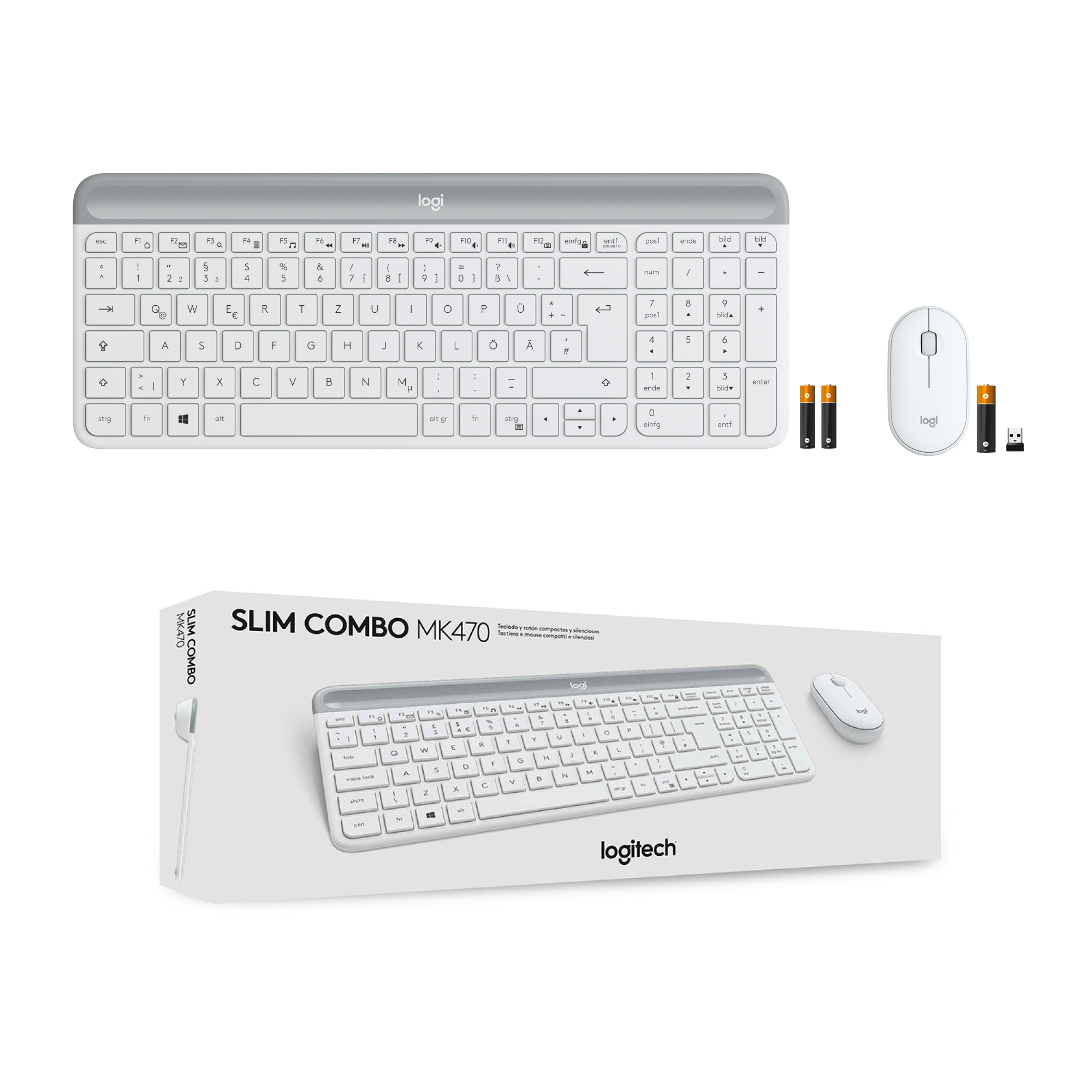 Logitech MK470, Volle Größe (100%), Kabellos, RF Wireless, Weiß, Maus enthalten