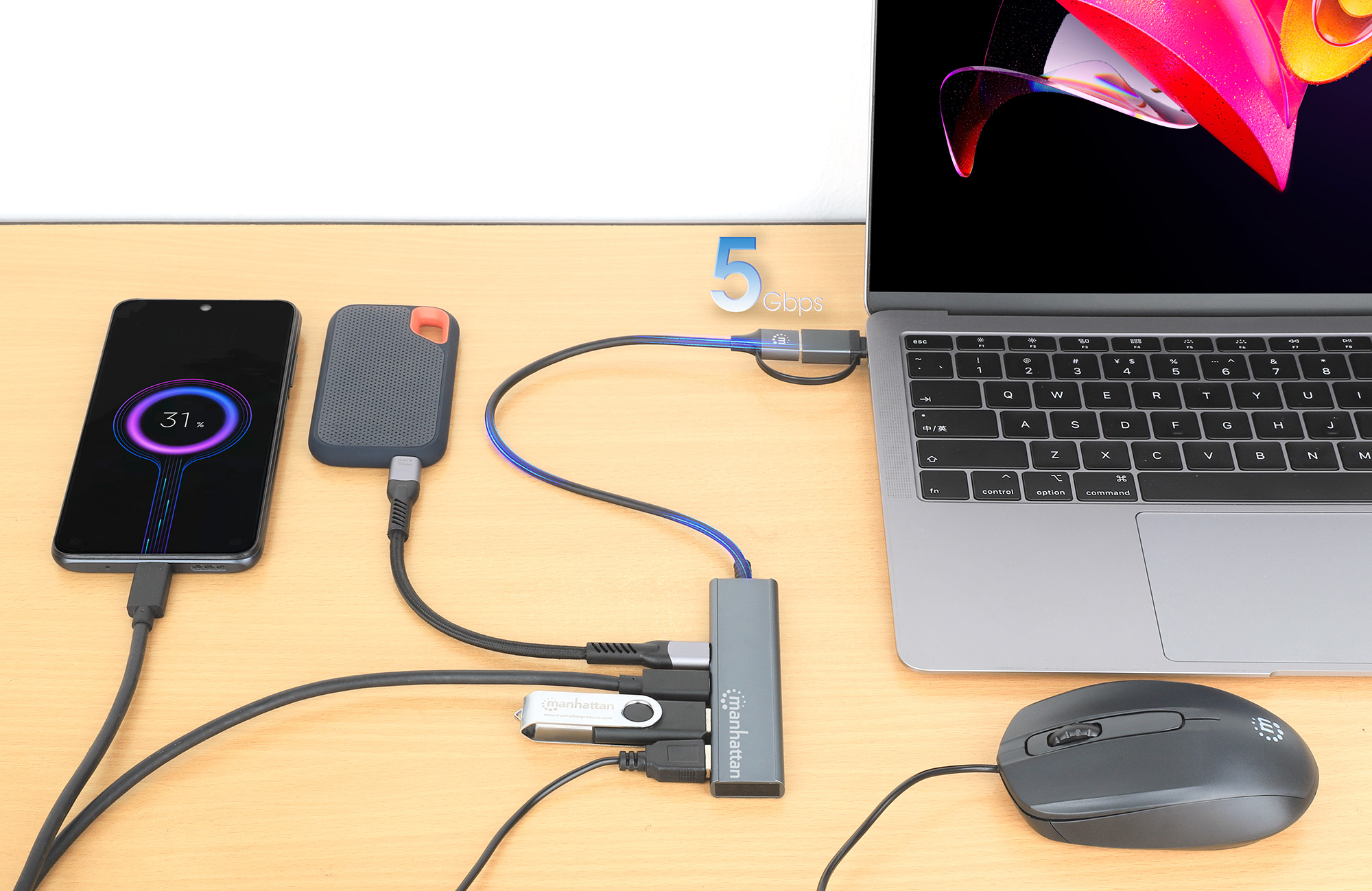 Manhattan 181075, USB 3.2 Gen 1 (3.1 Gen 1) Type-A + Type-C, USB 3.2 Gen 1 (3.1 Gen 1) Type-A, USB 3