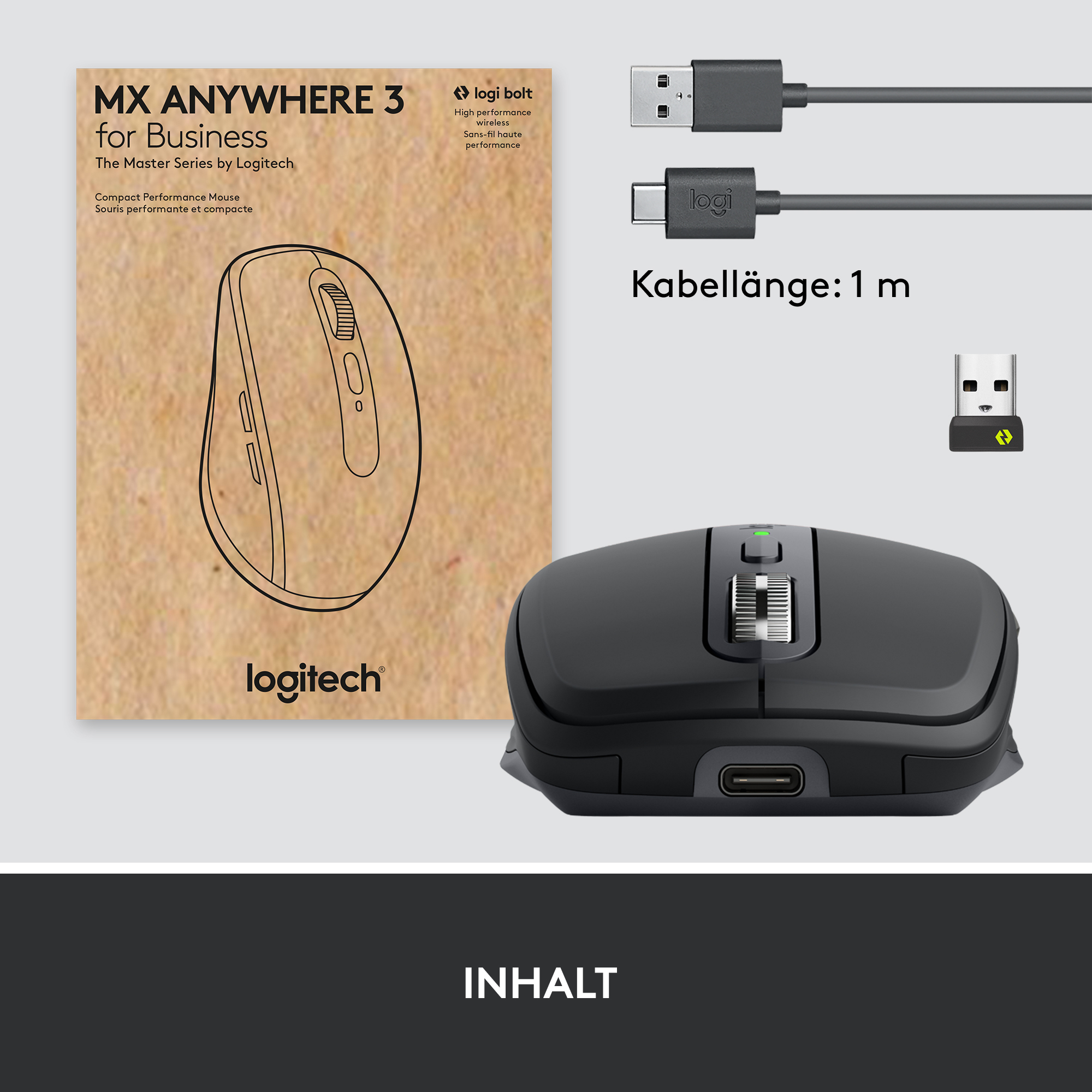 Logitech MX Anywhere 3 for Business, rechts, Laser, RF Wireless + Bluetooth, 4000 DPI, Graphit