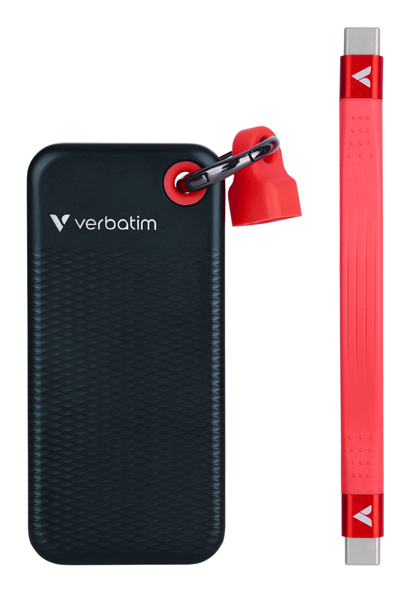 Verbatim Pocket SSD Schlüsselanhänger mit Kabelbefestigung - 128GB Schwarz/Rot, 128 GB, USB Typ-C, 3