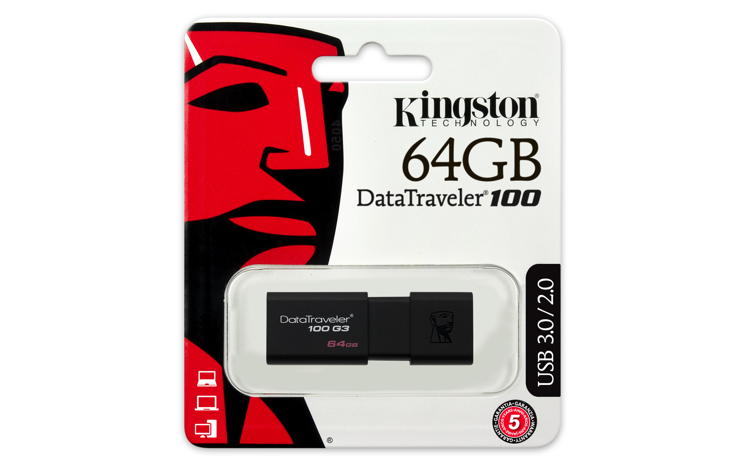 Kingston DataTraveler 100 G3, 64 GB, USB Typ-A, 3.2 Gen 1 (3.1 Gen 1), 40 MB/s, Dia, Schwarz