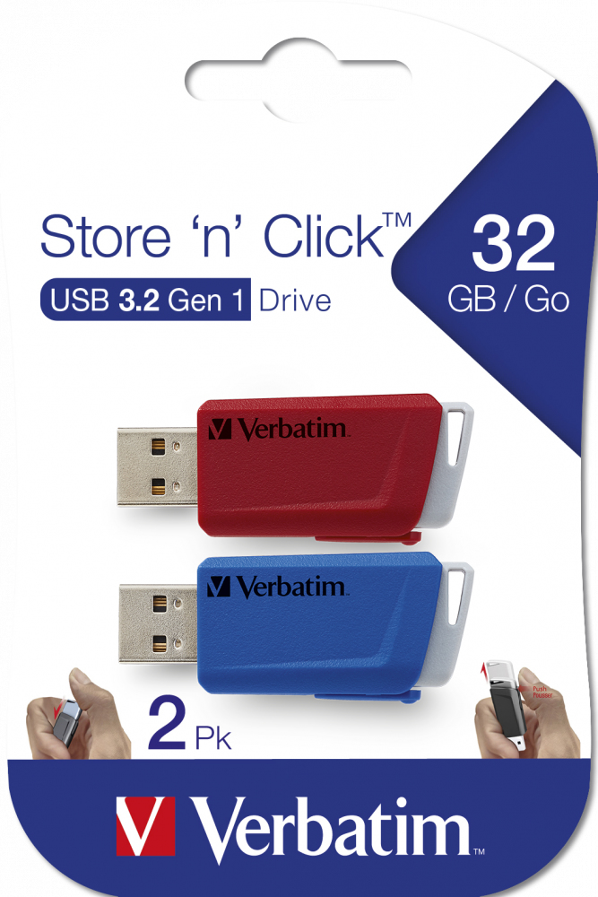 Verbatim Store 'n' Click - USB-Flash-Laufwerk - 32 GB - USB 3.2 Gen 1 - Blau, Rot (Packung mit 2)