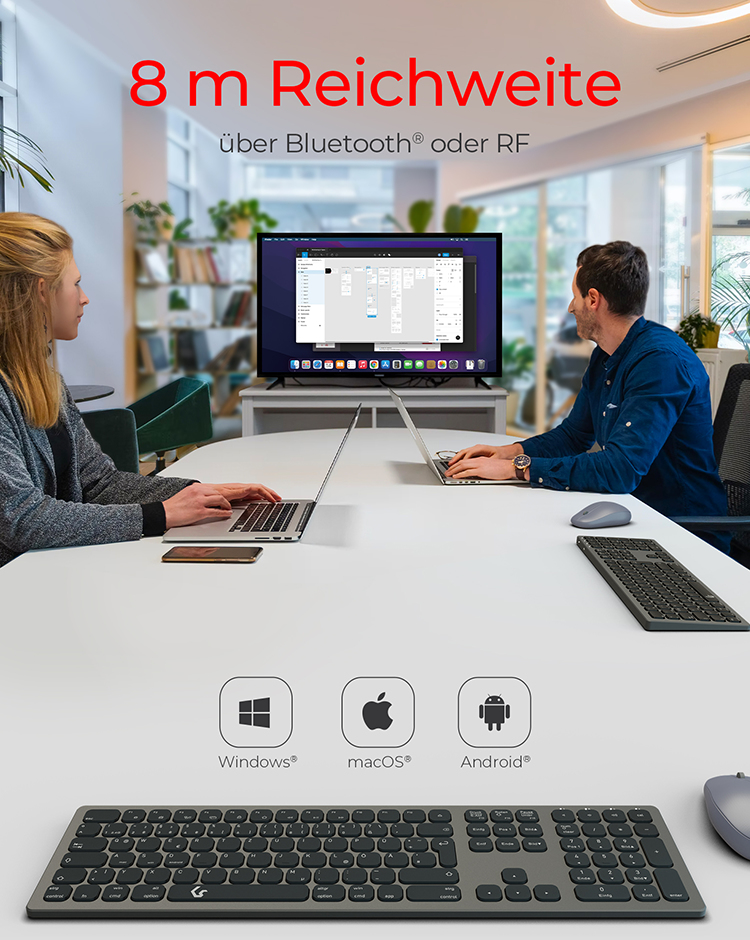 KeySonic KSK-8023BTRF (DE), Full-Size Aluminium Tastatur, Bluetooth® & RF, für Windows® und macOS®, 