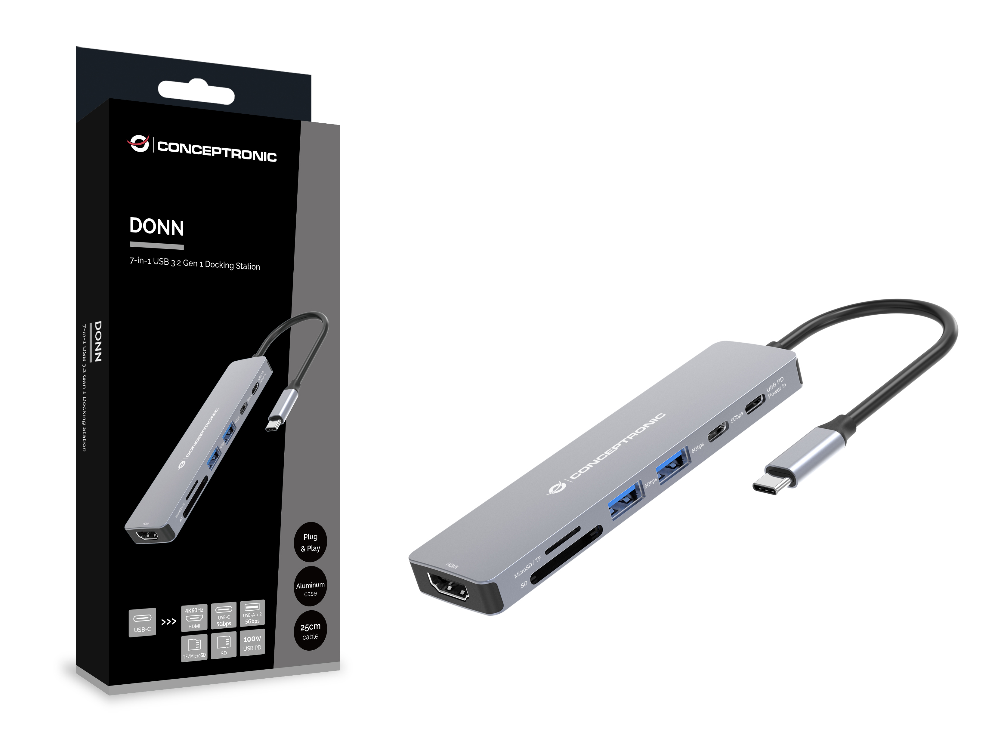 Conceptronic DONN28G 7-in-1 USB 3.2 Gen 1 Dockingstation, 4K60Hz HDMI, USB-A 5Gbps x 2, USB-C 5Gbps,